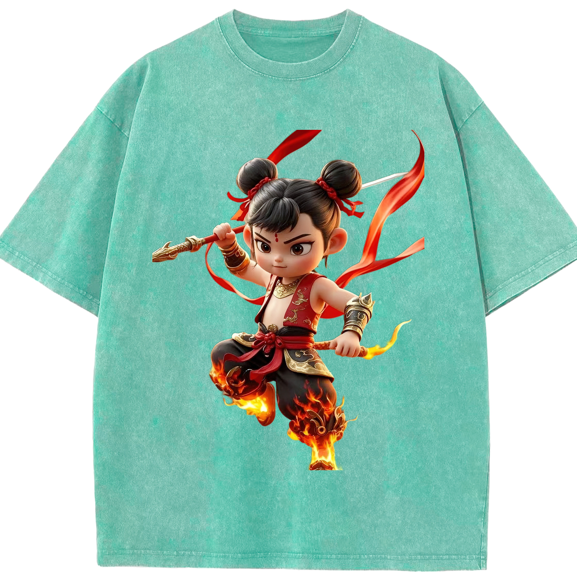（画像用） Ne Zha 2 ナタ 魔童の大暴れ 綿100% ヴィンテージ風 半袖Tシャツ（フロントプリント）